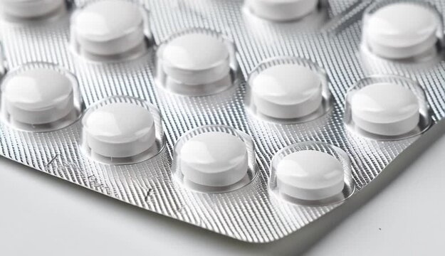 A blister pack of white round pills on white background, 10 tablets arranged in 2 rows of 5, silver metallic foil backing with diagonal crosshatch pattern