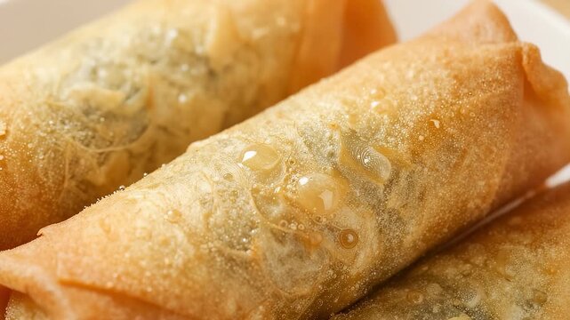 Golden crispy fried spring rolls with sizzling oil droplets macro
