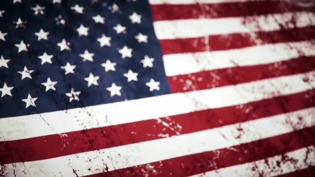 Worn, out-of-focus U.S. flag. Star field, stripes, weathered texture, vintage, faded colors, patriotic symbol