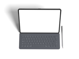 Tablet Standing With Keyboard and Pencil 3D Render Isolated White for Mockup 4