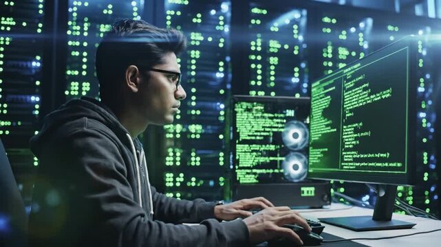 Green Screen it man coding pc at datacenter closeup developer programming code scene 2 with distortion, overlay, glitch, static noise, scan lines on black background, 4k animated video loop