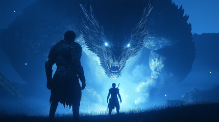 Silhouettes of Warriors Facing Giant Glowing Blue Monster Beast in Misty Night Landscape