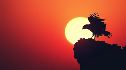 Silhouette of Eagle Perched on Rock Against Giant Glowing Sun in Red Sky