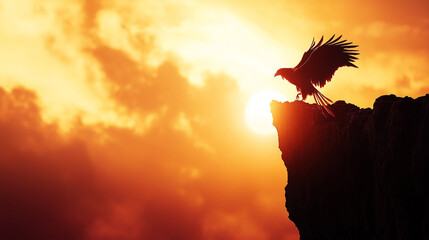 Silhouette of Majestic Eagle Perched on Jagged Cliff at Golden Sunrise