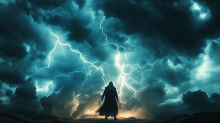 Silhouette of Hooded Sorcerer Summoning Electric Lightning Bolts in Stormy Teal Sky