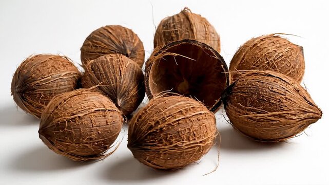 Pile of Coconuts Displayed on White Background, One Halfed