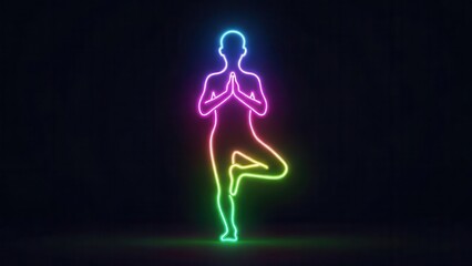 Obraz premium Vibrant neon silhouette performing yoga tree pose for wellness and balance on dark background