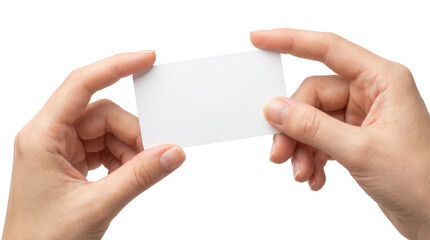 Two hands holding a blank white business card against isolated background