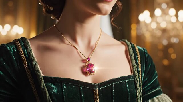 Elegant Noblewoman Wears Ornate Ruby Pendant Necklace