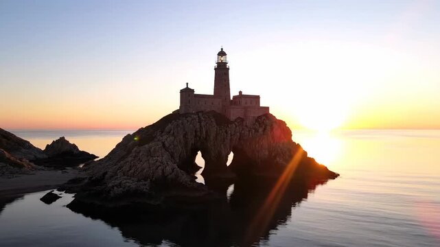 Lighthouse atop rocky outcrop at sunset, sun rays, ocean calm