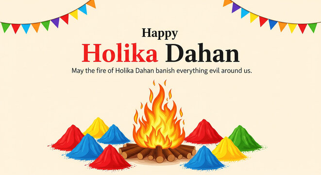 holika dahan with bonfire, plates full of gulal powder and bunting flag decoration celebrating choti holi social media post design