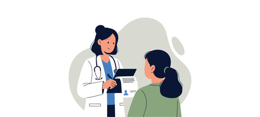 Flat vector illustration of a female doctor examining a patient with a stethoscope in a clinic or hospital room. Ideal for medical checkups and healthcare