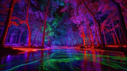 Fototapeta premium Enchanted Forest at Night with Glowing Water and Vibrant Colorful Trees