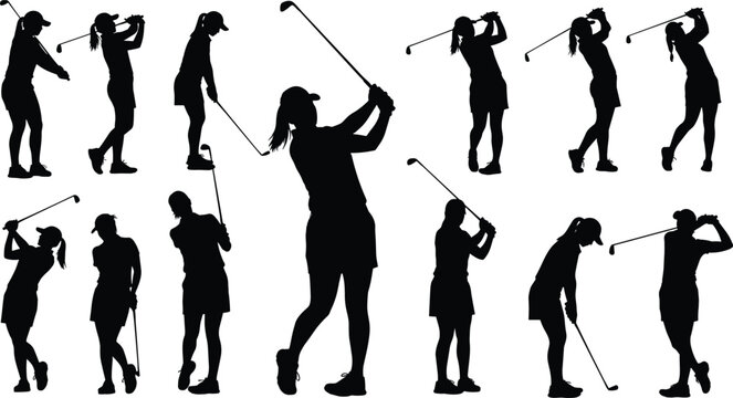 Set of black silhouettes of female golfer swinging club and hitting ball, isolated vector illustration for sport, championship, and women golf concepts