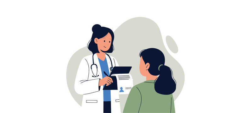 Flat vector illustration of a female doctor examining a patient with a stethoscope in a clinic or hospital room. Ideal for medical checkups and healthcare