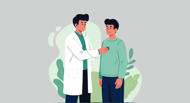Flat vector illustration of a doctor examining a patient with a stethoscope in a clinic or hospital room. Ideal for medical checkups and healthcare