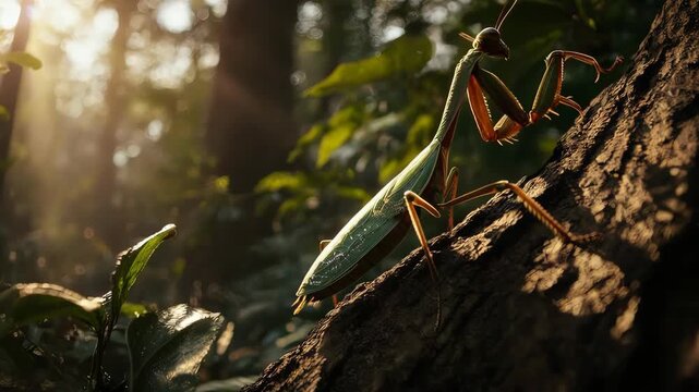 praying mantis sharply detailed against a lush forest backdrop