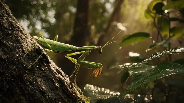 praying mantis sharply detailed against a lush forest backdrop