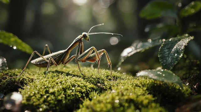 praying mantis sharply detailed against a lush forest backdrop