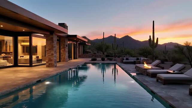 A serene poolside video at sunset in a modern desert home