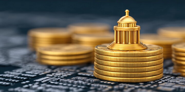 Golden Government Building on Stacked Coins over Digital Circuit Board for Financial Technology Concept Institutional Tech Growth