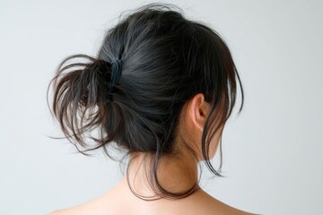 Fototapeta premium Woman with Tied Black Hair and Strands Escaping in the Still Air