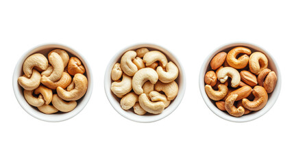 Fototapeta premium Top view of different cashew nut types in bowls on transparent background set