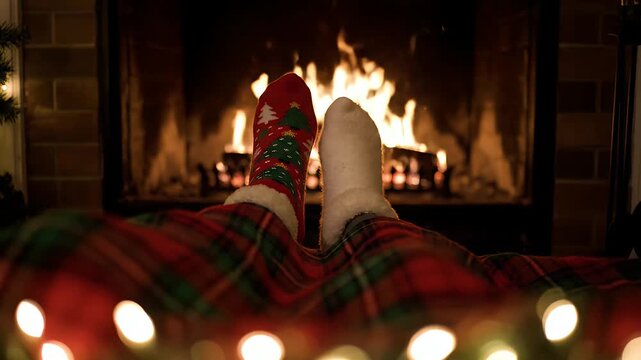 A person's feet in festive Christmas socks and plaid pajamas warming by a fireplace.