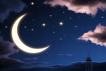 Naklejka premium Ramadan Night Sky Background with Glowing Crescent Moon