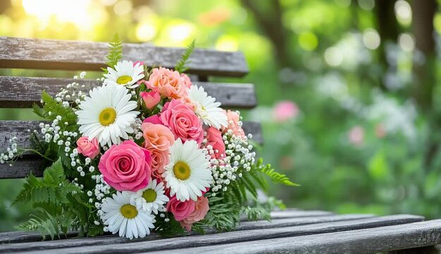 Beautiful flower bouquet placed on rustic wooden park bench, arrangement of pink roses, white daisies, coral roses, pink gerbera daisies, baby's breath and green ferns