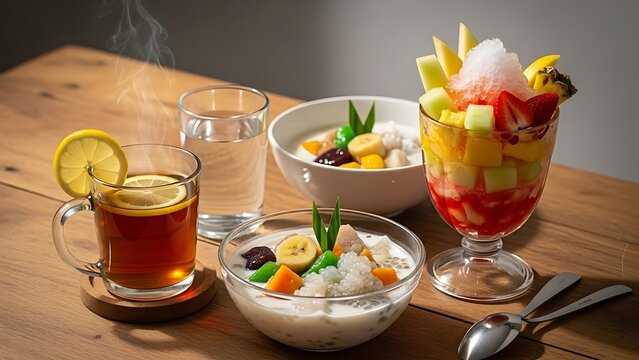 Traditional Ramadan Iftar Drinks and Dessert on Table