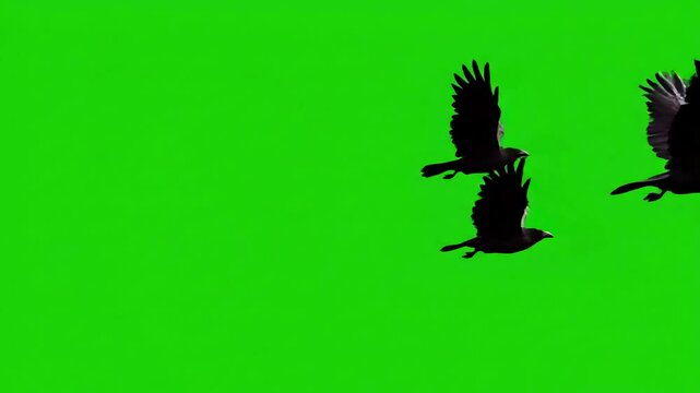 Green Screen three black bird flies from left to right chroma key background for compositing vfx scene 2 with distortion, overlay, glitch, static noise, scan lines on background, 4k animated video