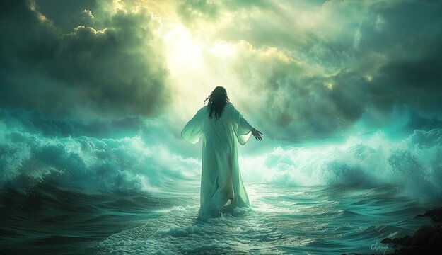 Jesus Christ walking on water, rear view from behind, long dark hair and flowing white biblical robes, standing on ocean surface with waves parting on both sides, dramatic stormy clouds