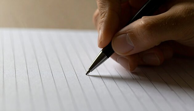 Writing action with a pen on lined paper indoor setting still life close-up viewpoint creativity concept