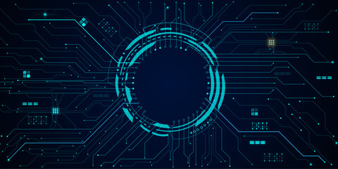 Technology science concept banner. Vector futuristic technology background with circle circuit wires on light blue motherboard.