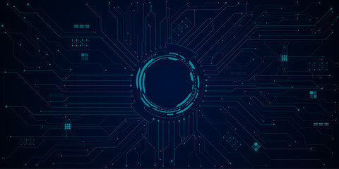 Technology science concept banner. Vector futuristic technology background with circle circuit wires on light blue motherboard.