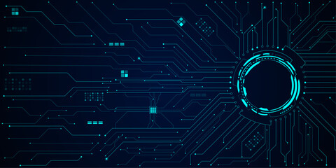 Glowing AI circuit portal with neon HUD elements and digital tech lines spreading across futuristic background. Technology science concept banner.