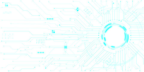 Glowing sci-fi portal with circuit board traces spreading across futuristic tech transparent background. futuristic technology background with white circle circuit wires on light blue motherboard.