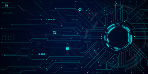 Glowing AI circuit portal with neon HUD elements and digital tech lines spreading across futuristic background. Technology science concept banner.