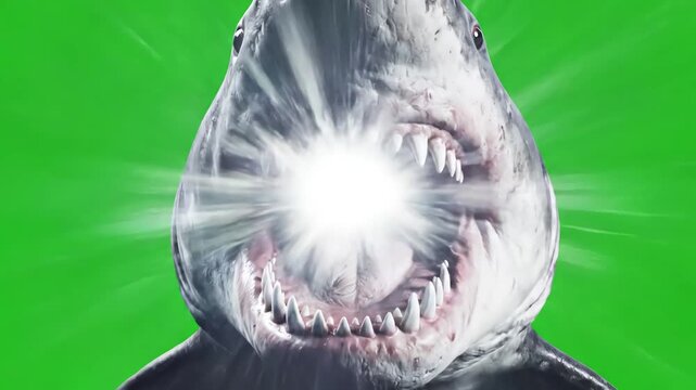 Green Screen great white shark swims to the camera slowly and open its jaws attacks audience scary megalodon with big jaw eats footage has a clean alpha channel in 4k res scene 2 distortion, overlay