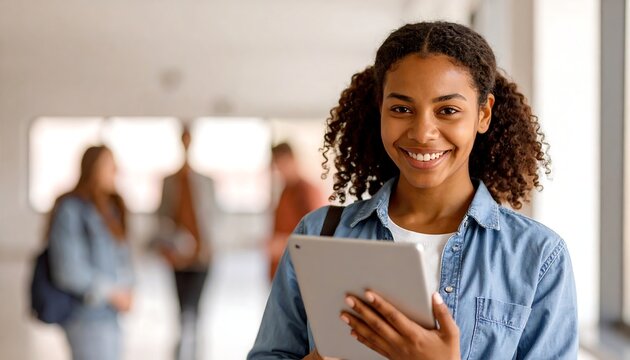 Engaging student using tablet in classroom educational environment portrait bright setting learning concept