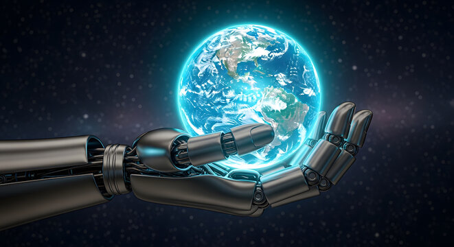 Robotic hand holding glowing blue Earth hologram | AI control over global technology and future digital world | Future concept of artificial intelligence managing planet resources 