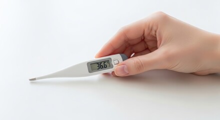 Hand holding a digital thermometer showing temperature reading in a home setting