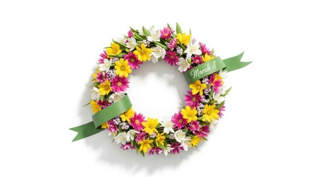 Wreath made of colorful flowers with a green ribbon for a celebration on March 8