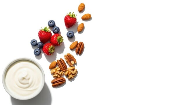 Healthy snack with yogurt nuts and berries on a white background at a kitchen table
