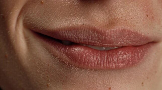 close-up of a restrained smile that does not reach the eyes, with subtle tension visible in the jaw and skin, capturing emotional dissonance and controlled expression.