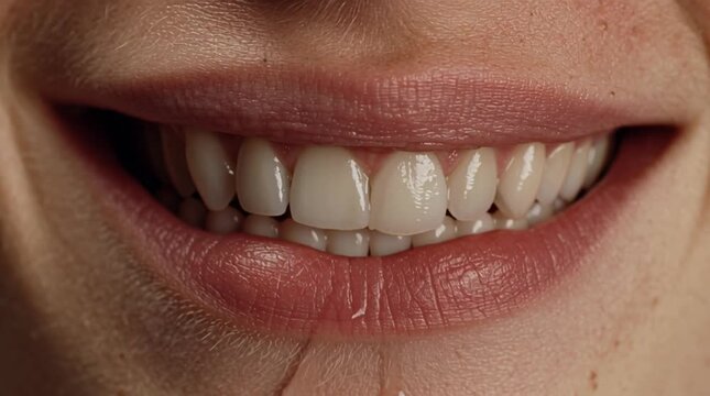close-up of a restrained smile that does not reach the eyes, with subtle tension visible in the jaw and skin, capturing emotional dissonance and controlled expression.