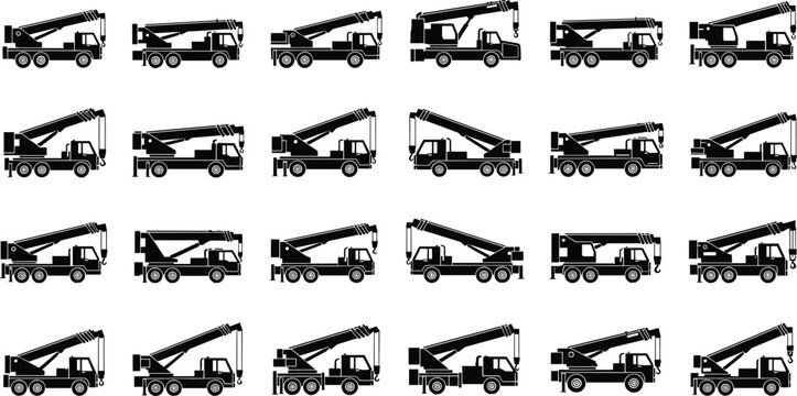 Mobile crane truck silhouettes set, heavy construction machinery icons, hydraulic lifting vehicle illustrations, industrial transport equipment, vector elements isolated on white background, black