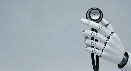 Naklejka premium Robotic hand holding stethoscope for medical diagnosis | AI healthcare technology advancements in diagnostics | Future of medicine with automation and cyborg doctor 