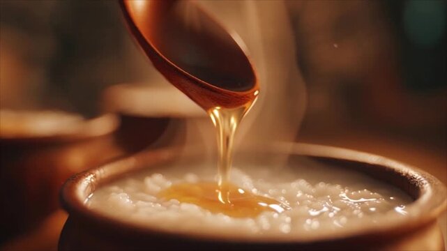 Pouring honey into a bowl of steaming hot porridge from a wooden spoon close-up view